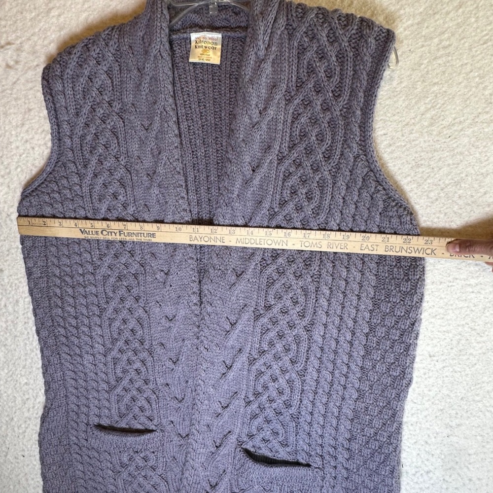 Kilronan Knitwear Merino Wool Cable Knit Vest Purple Ireland Made Shawl Collar - Picture 4 of 13